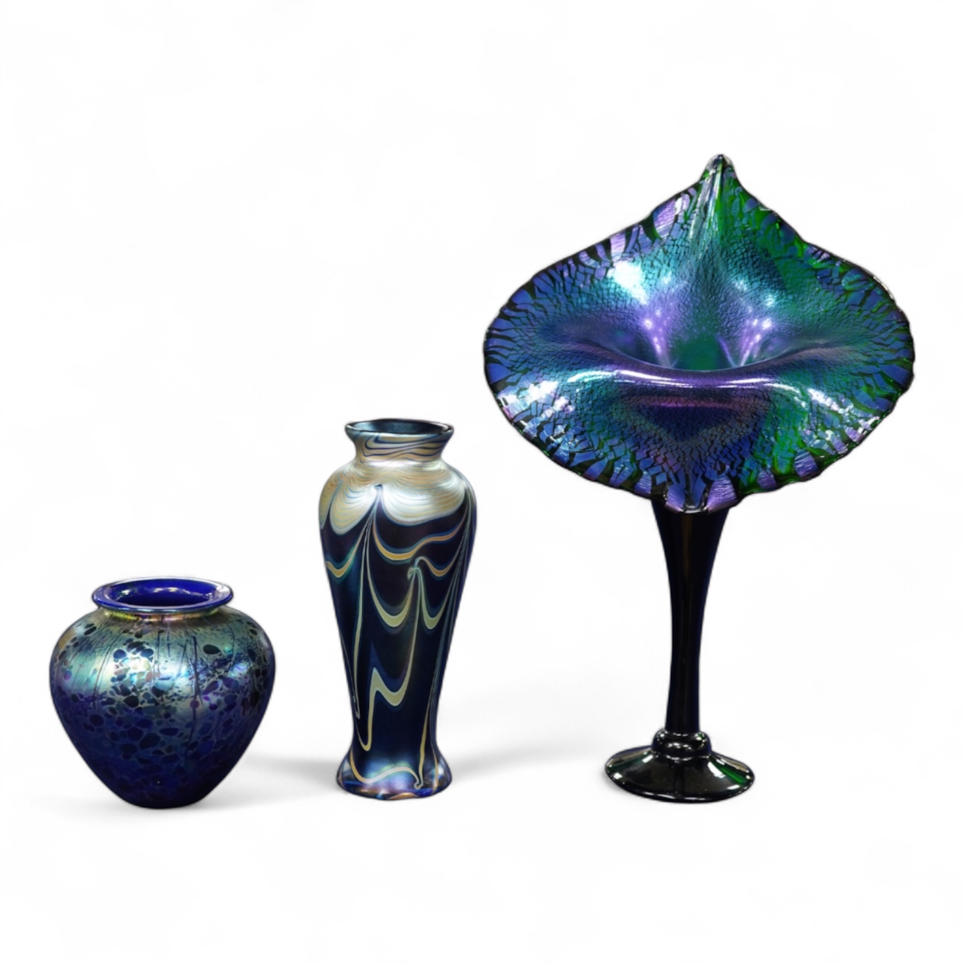 An Isle of Wight iridescent glass vase, Richard Golding Okra Luxor vase and Jack in Pulpit the box vase (3) tallest 38.5cm